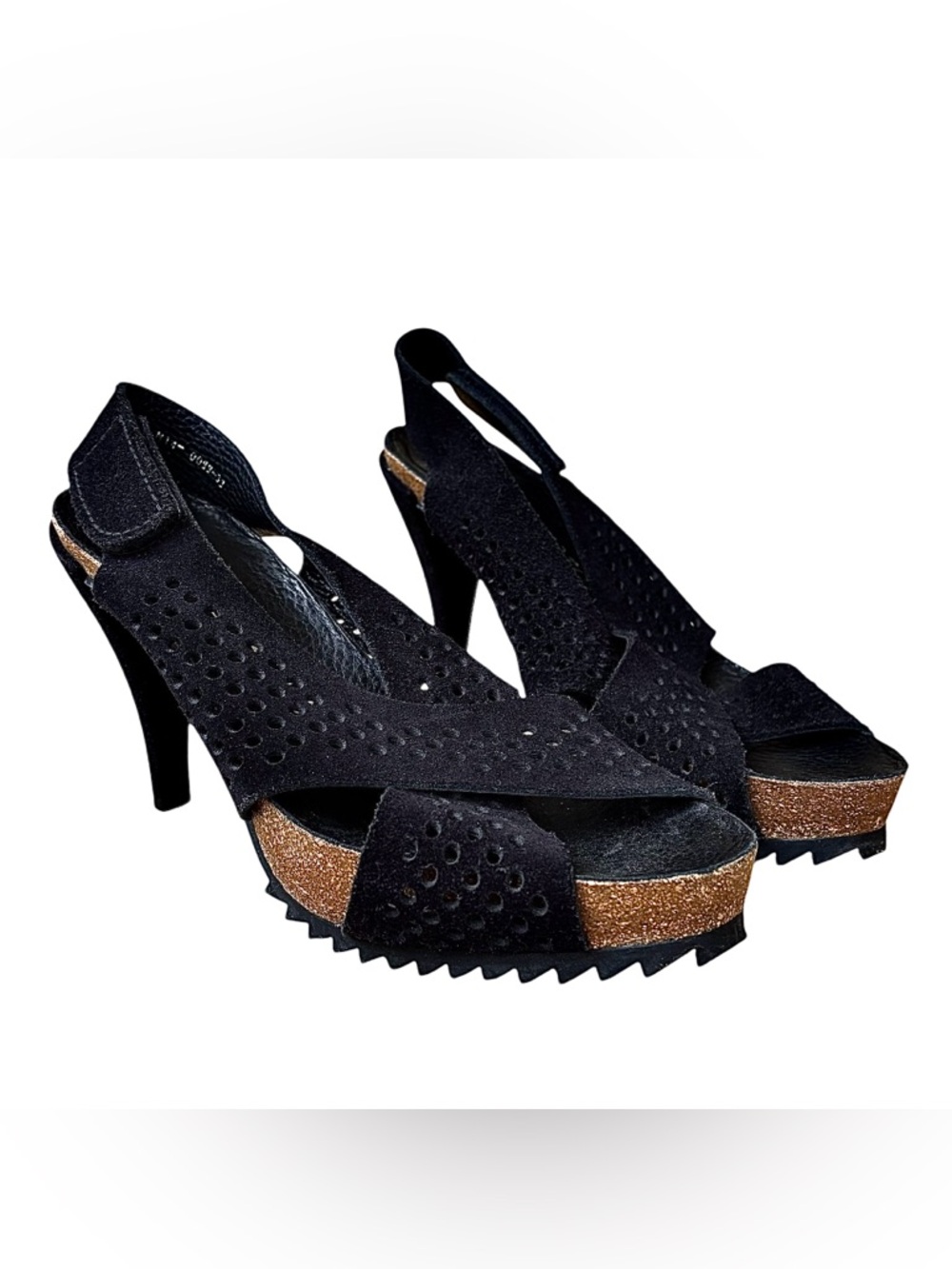 PEDRO GARCIA Black Perforated Suede Heels w/ Hook & Loop Closure